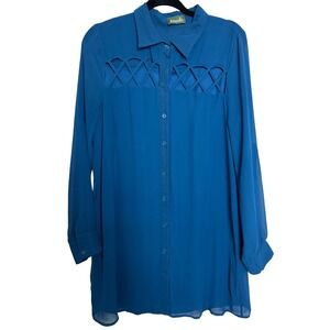 Maude Button Down Tunic Women L Teal Blue Lattice Cutout Sheer Long Sleeve Dress